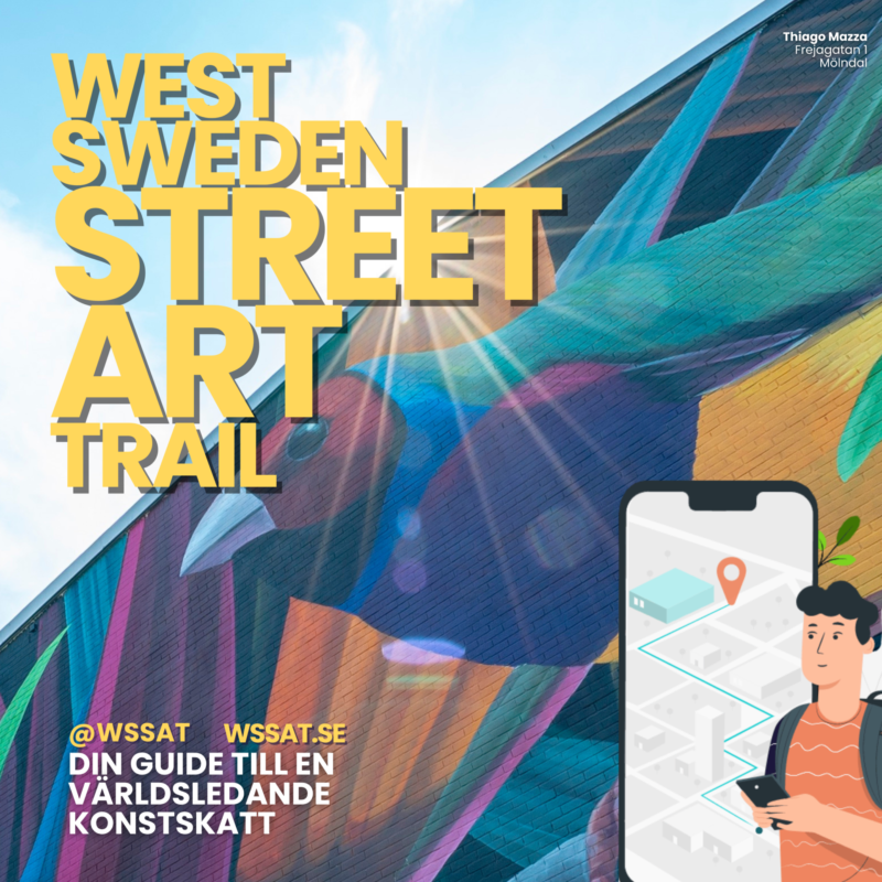 Ett konstverk med texten West Sweden Street Art Trail över. Till höger ser vi en mobil, som visar en karta, och en figur som håller i en mobil.
